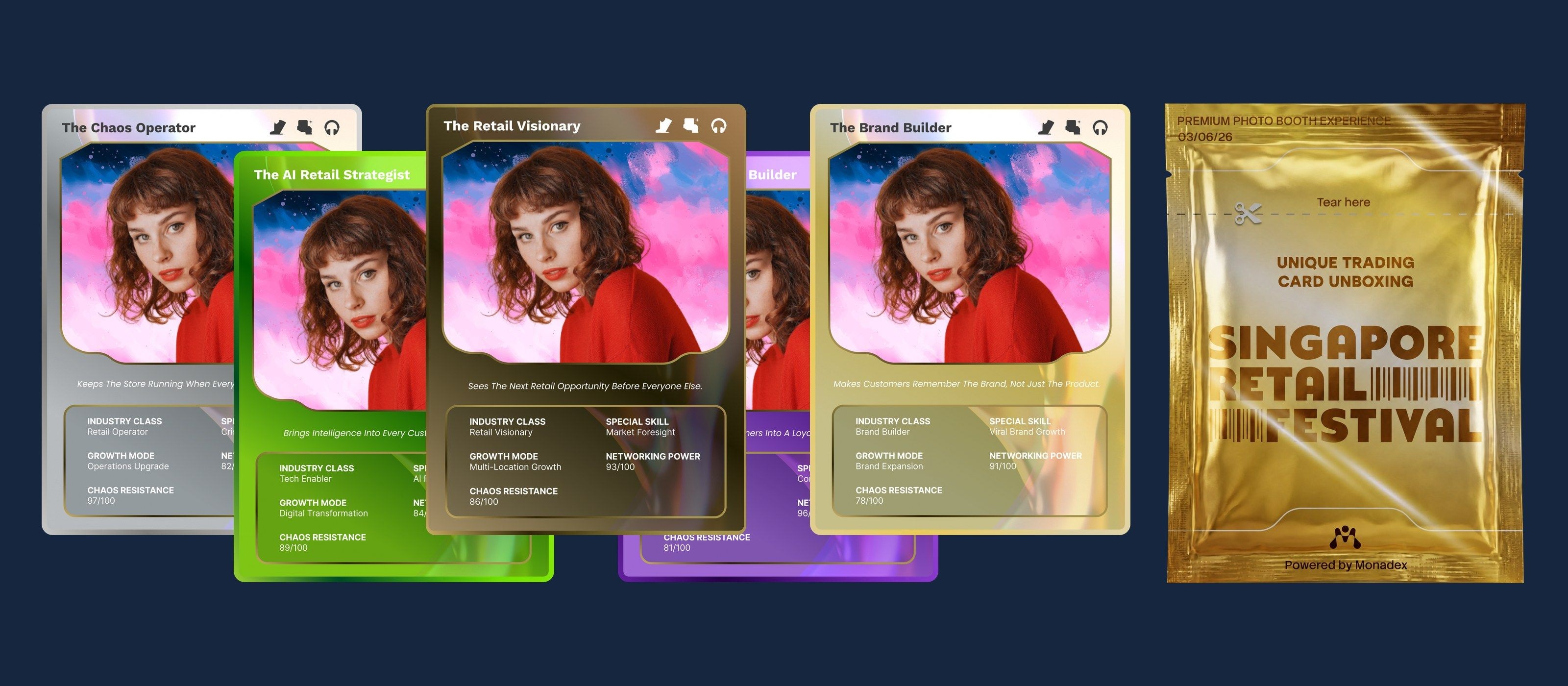 Seven retail archetypes, from The Chaos Operator to The Retail Visionary, sealed in gold foil packs